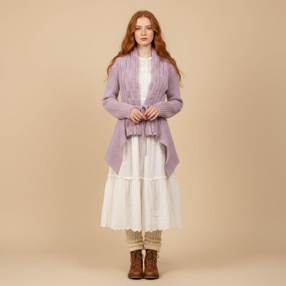 Pure Handknit Cotton  Long Sleeve Tie Waist Sweater Cardigan